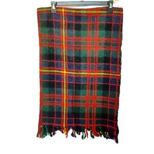 Vintage Burns Country Tartan Wool Throw Blanket With Fringed Edges
